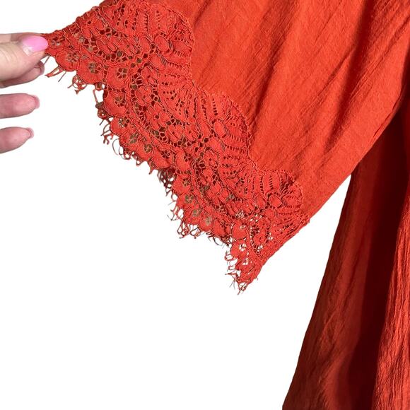 Cato Women Tunic‎ Top 18/20 Burnt Orange Lace Frayed Sleeve Gauzy Boho Workwear - Picture 5 of 9